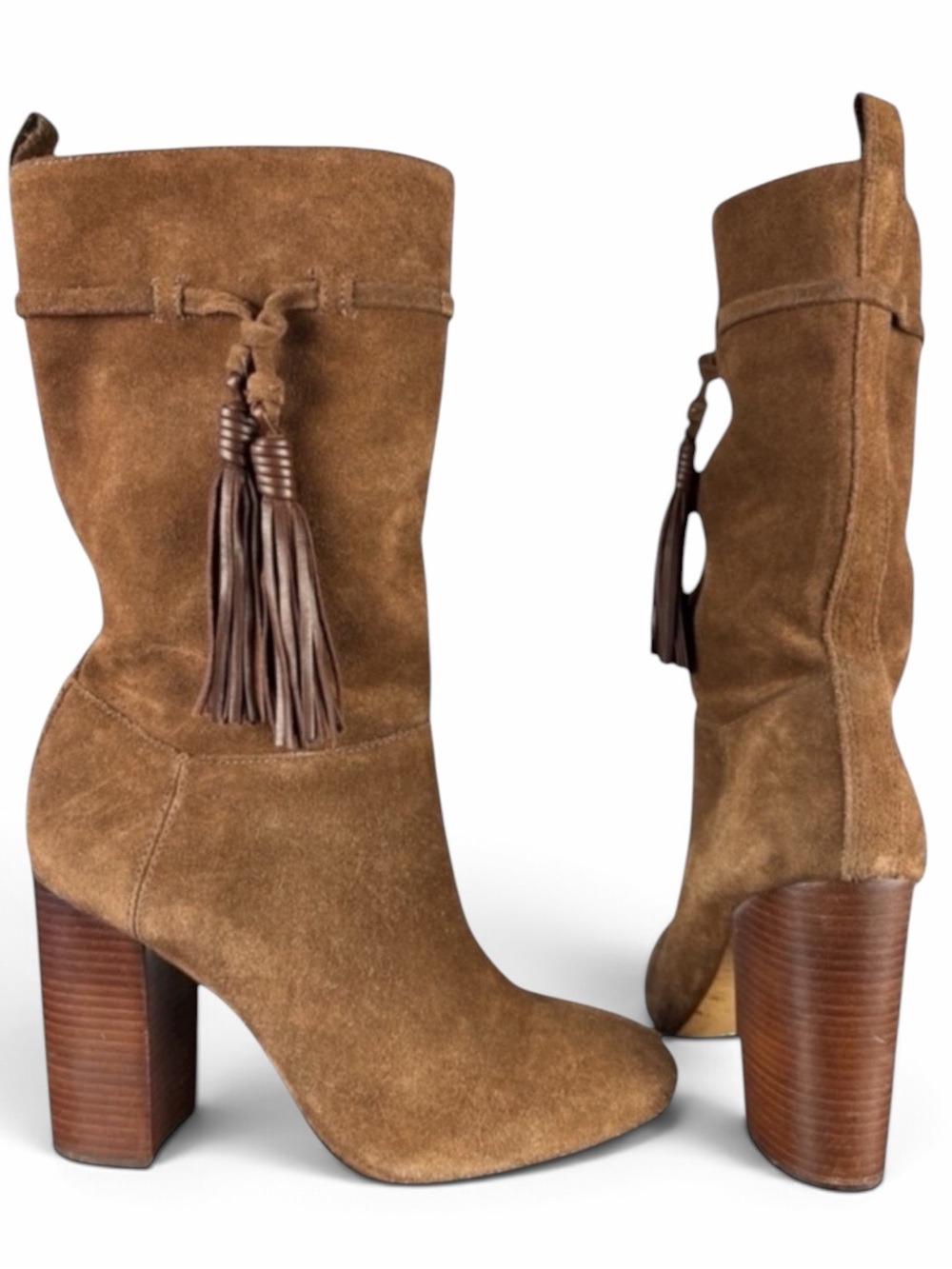 Vince Camuto Brown Suede Fermel Slouch Tassel Mid Calf Stacked Heel Boots 10